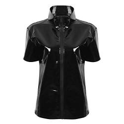 Agoky Unisex Lack Leder Top Kurzarm T Shirt Stehkragen Hemd mit Reisverschluss Sexy Metallic Oberteile Clubwear Schwarz M von Agoky