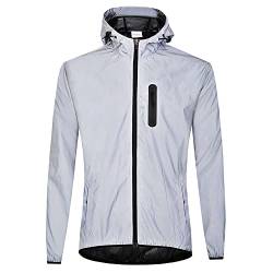 Agolu Reflektierend Fahrradjacke mit Kapuze, Wasserdicht Atmungsaktiv Damen Herren Unisex Winddicht Radjacke Fahrrad Regenjacke Windjacke, Jacke für Radfahren Laufen Wandern, Silber XXXL von Agolu