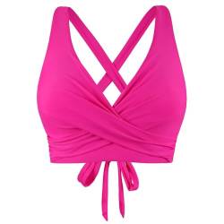 Ahagogo Bikini Oberteil Große Brüste Rückenfreies Oberteil Bikini Damen Push Up Wickeloptik Lace Up Bikini Top V Ausschnitt Badeanzug Top Sommer Strand Bikini Top Swimsuit Oberteil (Hot Pink, L) von Ahagogo