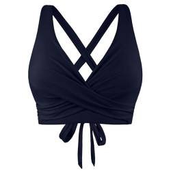 Ahagogo Bikini Oberteil Große Brüste Rückenfreies Oberteil Bikini Damen Push Up Wickeloptik Lace Up Bikini Top V Ausschnitt Badeanzug Top Sommer Strand Bikini Top Swimsuit Oberteil (Navy, M) von Ahagogo