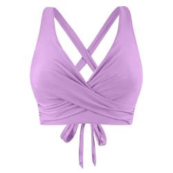 Ahagogo Bikini Oberteil Große Brüste Rückenfreies Oberteil Bikini Damen Push Up Wickeloptik Lace Up Bikini Top V Ausschnitt Badeanzug Top Sommer Strand Bikini Top Swimsuit Oberteil (Purple, L) von Ahagogo