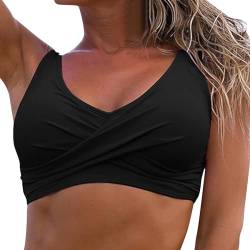 Ahagogo Bikini Oberteil Große Brüste Rückenfreies Oberteil Bikini Damen Push Up Wickeloptik Lace Up Bikini Top V Ausschnitt Badeanzug Top Sommer Strand Bikini Top Swimsuit Oberteil (Vest Black, M) von Ahagogo