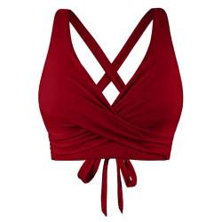 Ahagogo Bikini Oberteil Große Brüste Rückenfreies Oberteil Bikini Damen Push Up Wickeloptik Lace Up Bikini Top V Ausschnitt Badeanzug Top Sommer Strand Bikini Top Swimsuit Oberteil (Wine, L) von Ahagogo