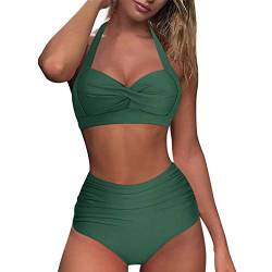 Ahagogo Damen Bikini Set Rüschen Bikinioberteil High Waist Bikini Mit bedruckter Badehose Zweiteiliger Bauchweg Bademode Retro Zweiteiliger Badeanzug Strandkleidung (#Y-A-Army Green, L) von Ahagogo