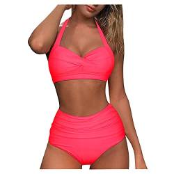 Ahagogo Damen Bikini Set Rüschen Bikinioberteil High Waist Bikini Mit bedruckter Badehose Zweiteiliger Bauchweg Bademode Retro Zweiteiliger Badeanzug Strandkleidung (#Y-A-Hot Pink, XL) von Ahagogo