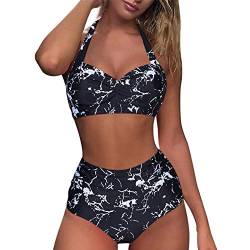 Ahagogo Damen Bikini Set Rüschen Bikinioberteil High Waist Bikini Mit bedruckter Badehose Zweiteiliger Bauchweg Bademode Retro Zweiteiliger Badeanzug Strandkleidung (#Y-C-Black, L) von Ahagogo