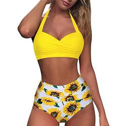 Ahagogo Damen Bikini Set Rüschen Bikinioberteil High Waist Bikini Mit bedruckter Badehose Zweiteiliger Bauchweg Bademode Retro Zweiteiliger Badeanzug Strandkleidung (#Y-C-Yellow, XXL) von Ahagogo