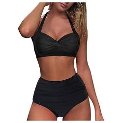 Ahagogo Damen Bikini Set Rüschen Bikinioberteil High Waist Bikini Mit bedruckter Badehose Zweiteiliger Bauchweg Bademode Retro Zweiteiliger Badeanzug Strandkleidung von Ahagogo