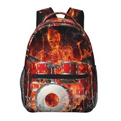 Ahdyr Rock Roll Drums Flame Drummer Skull Art Rucksack aus strapazierfähigem Polyester, diebstahlsicher, Mehrzweck-Büchertasche, großes Fassungsvermögen, Reise- und Sportrucksack mit Seitentaschen von Ahdyr