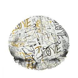 Doppelte wasserdichte Bade-Duschhaube Golden Black Chaotic Writings Text Doodle Love Letter Wiederverwendbarer Mode-Duschhut für Frauen Beauty, BathHair Spa, Home Hotel Travel Use von Ahdyr