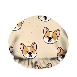 Doppelte wasserdichte Duschhaube mit süßem Corgi-Welpengesicht, Cartoon, glückliches Lächeln, Hund, wiederverwendbar, modisch, Duschhut für Frauen, Schönheit, BathHair Spa, Home Hotel Travel Use von Ahdyr