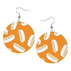 Hotdogs in einem sich wiederholenden Muster vor einem orangefarbenen Hintergrund, runde Kunstleder-Ohrringe für Teenager-Mädchen und Frauen, Tropfen-Ohrringe, Geschenk von Ahdyr