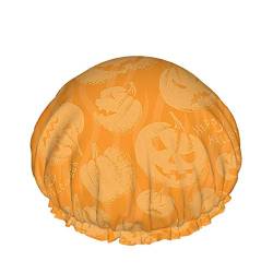 Kürbis-Duschkappe Happy Halloween Evil Scary Face Große Badekappen für Frauen Männer Mädchen Langes Haar Wasserdichte wiederverwendbare Hüte Orange von Ahdyr