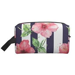 Kulturbeutel für Damen und Herren, wasserdichte Kosmetiktasche, Reise-Make-up-Tasche, Organizer mit Griff, Blumen-Schwarz-Streifen-Aufbewahrungstasche von Ahdyr