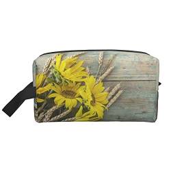 Kulturbeutel für Damen und Herren, wasserdichte Kosmetiktasche, Reise-Make-up-Tasche, Organizer mit Griff, gelbe Sonnenblumen, Weizenähren, Holz-Aufbewahrungstasche von Ahdyr