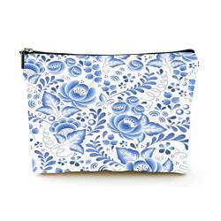 Premium-Make-up-Tasche für Damen, Leinen, Reise-Kosmetiktaschen, Blaue Blumen, Blumenmuster, langlebige Kosmetiktasche von Ahdyr