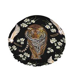 Wiederverwendbare Tiger-Duschhaube, schöner Sommer, tropische japanische Blumen, Kranichvögel, große Duschhaube, Dusch-Haarhaube, Badehaube, Haarabdeckung für Frauen, langes Haar von Ahdyr