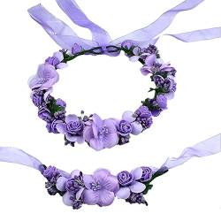 AiSi Blumenkranz mit Armband, Handgelenk Band Haarband Set, Stirnband Haarkranz Blumen Krone Boho Style für Festival Hochzeit Braut Brautjungfer Party (Lila) von AiSi