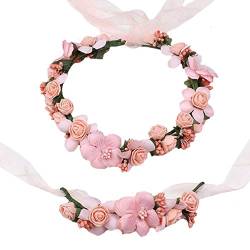 AiSi Blumenkranz mit Armband, Handgelenk Band Haarband Set, Stirnband Haarkranz Blumen Krone Boho Style für Festival Hochzeit Braut Brautjungfer Party (Pink/Rosa) von AiSi