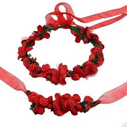 AiSi Blumenkranz mit Armband, Handgelenk Band Haarband Set, Stirnband Haarkranz Blumen Krone Boho Style für Festival Hochzeit Braut Brautjungfer Party (Rot) von AiSi