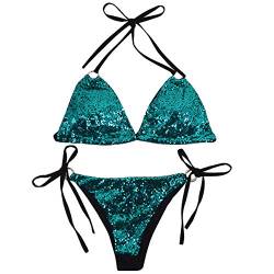 AiSi Damen sexy hot Glitzer Bikini-Set Badeanzug Bademode Bikinihose Bikinioberteile Neckholder Design mit Pailetten GRÜN M von AiSi