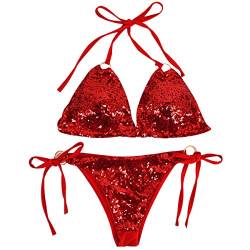 AiSi Damen sexy hot Glitzer Bikini-Set Badeanzug Bademode Bikinihose Bikinioberteile Neckholder Design mit Pailetten Rot S von AiSi