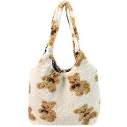 Niedlicher Teddybär-Plüsch-Schultertasche für Damen, große Handtasche, Handtasche, Geldbörse, Kunstfell, Einkaufstasche, beige, Einheitsgröße von AiSi
