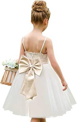 Aibaowedding Blumenmädchen ärmelloses Spitzenkleid Tüll Prinzessin Schleife Hochzeit Partykleid Junior Brautjungfer Kleider(Champagner,10-11Y) von Aibaowedding