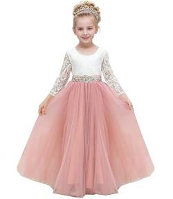 Aibaowedding Blumenmädchenkleid Spitze V-Rücken Tutu Tüll Prinzessin Partykleid mit Schärpe Erstkommunion Elegantes Langes Kleid Ballkleid(Rosa,6-7Y) von Aibaowedding