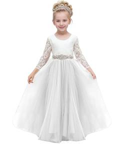 Aibaowedding Blumenmädchenkleid Spitze V-Rücken Tutu Tüll Prinzessin Partykleid mit Schärpe Erstkommunion Elegantes Langes Kleid Ballkleid(Weiß,8-9Y) von Aibaowedding