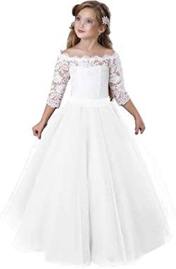 Aibaowedding Blumensmädchenkleid Prinzessin Mädchen Festzug Ballkleider Kinder Spitze Tüll Cocktailkleid Elegant Langes Abendkleid Kommunionskleid … (White, 10-11Y) von Aibaowedding