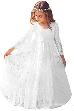 Aibaowedding Boho Lang Kinder Spitzenkleid mit Trompetenärmel und Gürtel/Chic A-Linie Kommunionkleider Brautjungfern Kleider Blumenmädchenkleider für Mädchen(Weiß,8-9Y) von Aibaowedding