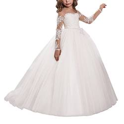 Aibaowedding Spitze Stickerei Mädchen Brautjungfer Kleid Langarm Ärmel Kinder Geburtstagsfeier Ballkleider (12, Weiß) von Aibaowedding