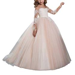 Aibaowedding Spitze Stickerei Mädchen Brautjungfer Kleid Langarm Ärmel Kinder Geburtstagsfeier Ballkleider (4, Rosa) von Aibaowedding