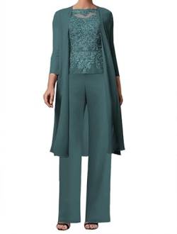 Aibilye 3-Teilig Mutter der Braut Hosenanzug Spitze Brautmutterkleider mit Jacke Langarm Hochzeitsgast Kleid Damen Abendanzug Set Dunkel Teal 44 von Aibilye