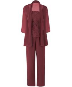 Aibilye Brautmutter Hosenanzug für Hochzeit Damen 3-Teilig Abendanzug Chiffon Hochzeitsgast Festlich Hosenanzug mit Jacke Burgundy 38 von Aibilye