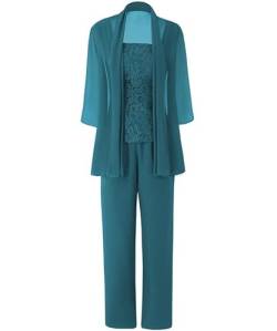 Aibilye Brautmutter Hosenanzug für Hochzeit Damen 3-Teilig Abendanzug Chiffon Hochzeitsgast Festlich Hosenanzug mit Jacke Teal 40 von Aibilye