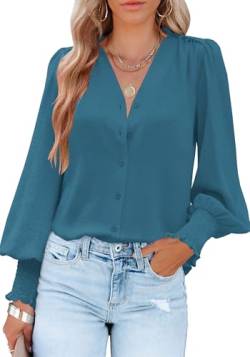 Aifer Damen Bluse Laterne Langarm Dressy Casual Tops V-Ausschnitt Knopfleiste Hemden Blusen 2023, Blau, X-Groß von Aifer