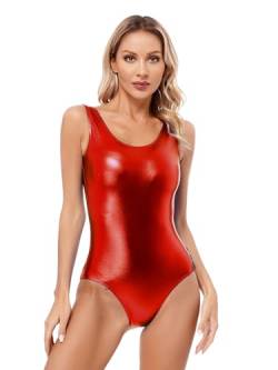 Aiihoo Damen Ballettanzug Metallic Body Ärmellos Ballettbody Tanzbody Lackleder Bodysuit Catsuit Jumpsuit Turnanzug Trikotanzug Tanzkostüm Rot M von Aiihoo