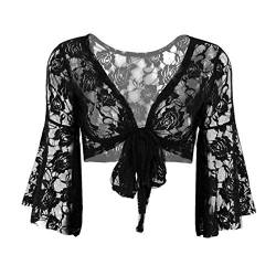 Aiihoo Damen Bolero Spitzen Jacke Kurz Cardigan Elegant Schulterjacke Hornärmel Bauchtanz Oberteil Cover Up Wickeljacke zum Tanzkleid Schwarz Einheitsgröße von Aiihoo