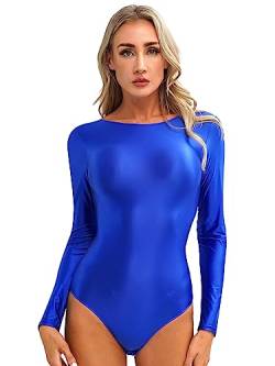 Aiihoo Damen Glänzend Body Eng Bodysuit Rundhals Jumpsuit Badeanzug Monokini Sportbody Overall Leotard Gymnastikbody Blau XL von Aiihoo