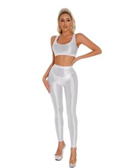 Aiihoo Damen Glänzend Crop Top + Sport Leggings U-Ausschnitt Bh Top Stretch Yoga Hose Fitness Sportanzug Transparent Unterwäsche Clubwear Weiß M von Aiihoo