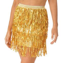 Aiihoo Damen Glitzer Rock Pailletten Quaste Bauchtanz Hüfttuch Gürtel Bleistiftrock Fransen Tanzrock Mini Rock Bauchtanz Kostüm Dancewear Gold A L von Aiihoo