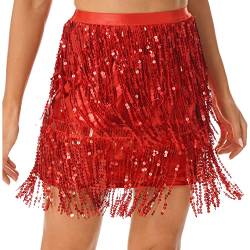 Aiihoo Damen Glitzer Rock Pailletten Quaste Bauchtanz Hüfttuch Gürtel Bleistiftrock Fransen Tanzrock Mini Rock Bauchtanz Kostüm Dancewear Rot A L von Aiihoo