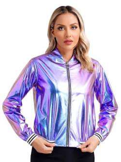 Aiihoo Damen Holographic Kostüm Glitzer Jacke Metallic Silber Langarm Bomberjacke Glitzer Oberteil Karneval Kostüm Rave Festival Outfit Blau L von Aiihoo