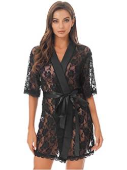 Aiihoo Damen Sexy Dessous Set Blumenspitzen Negligee V-Ausschnitt Morgenmantel Kimono Kurz Robe Nachthemden Transparent Cover Up Bademantel mit G-String Gürtel Schwarz M von Aiihoo