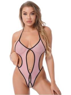 Aiihoo Damen Transparent Bodysuit Ärmellos Ouvert Body High Cut Thong Stringbody Einteiliger Badeanzug Leotard Dessous Nachtwäsche Rosa D Einheitsgröße von Aiihoo