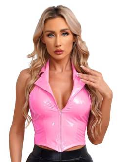 Aiihoo Damen Wetlook Crop Top Slim Fit Unterhemd Weste Lack Leder Tanktop Rückenfreie Camisole Shirt Oberteile Gogo Clubwear C Rosa S von Aiihoo