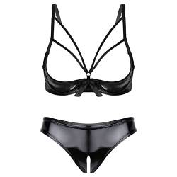 Aiihoo Damen Wetlook Dessous Set Lackleder BH Bra Ouvert String Bikini Slip Negligee Erotik Reizwäsche Gogo Clubwear Schwarz B L von Aiihoo