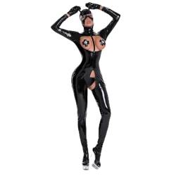 Aiihoo Damen Wetlook Lackleder Catsuit Einteiler Overall Jumpsuit Ganzkörper Anzug Body Langarm Body mit Reißverschluss im Schritt Clubwear Schwarz B L von Aiihoo